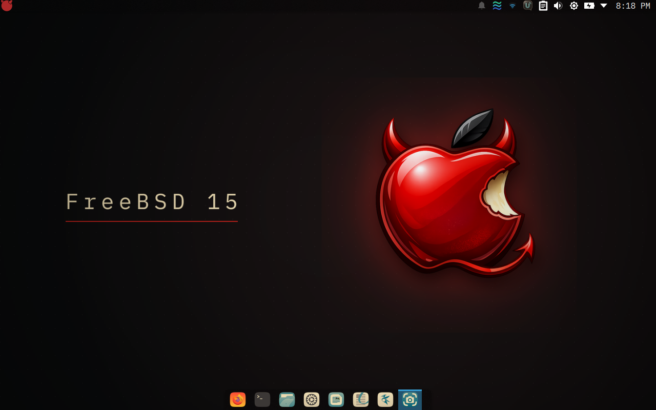 KDE Plasma 6 desktop on FreeBSD 15, with a macOS-style top panel and dock and a FreeBSD-Apple hybrid wallpaper