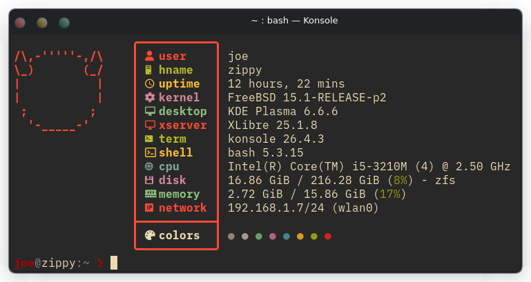 Konsole running fastfetch, reporting FreeBSD 15.1-RELEASE-p2, KDE Plasma 6.6.6, XLibre 25.1.8, Konsole 26.4.3, bash 5.3.15, Intel Core i5-3210M and 15.86 GiB RAM
