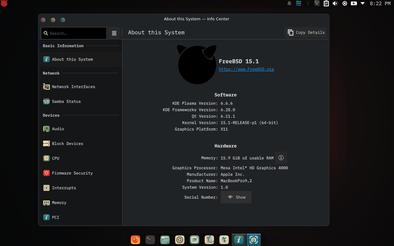 KDE Info Center showing FreeBSD 15.1, KDE Plasma 6.6.6, Qt 6.11.1, kernel 15.1-RELEASE-p1, Mesa Intel HD Graphics 4000 and product name MacBookPro9,2